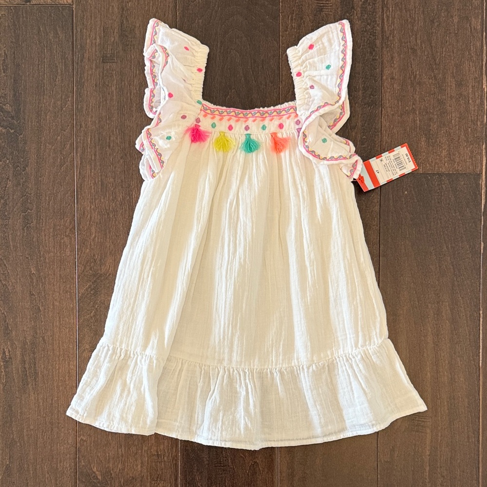 NWT Girls Cat & Jack Boho Chic White Dress with Neon Tassel Trim